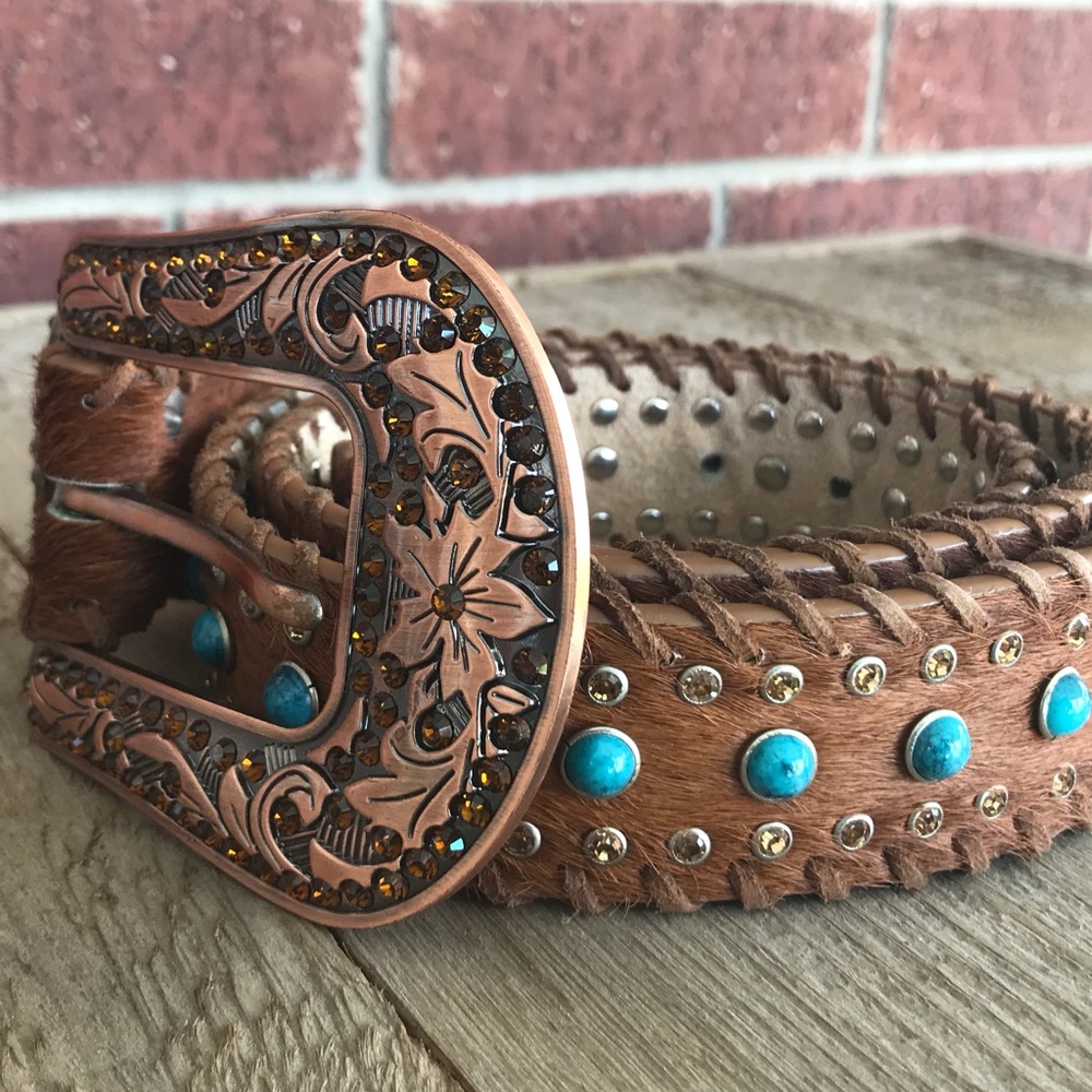 Western Leather Turquoise and Yellow Stoned Belt